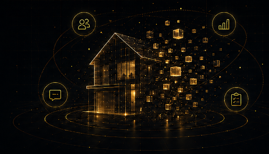 Casa holográfica representando operação imobiliária conectada por dados